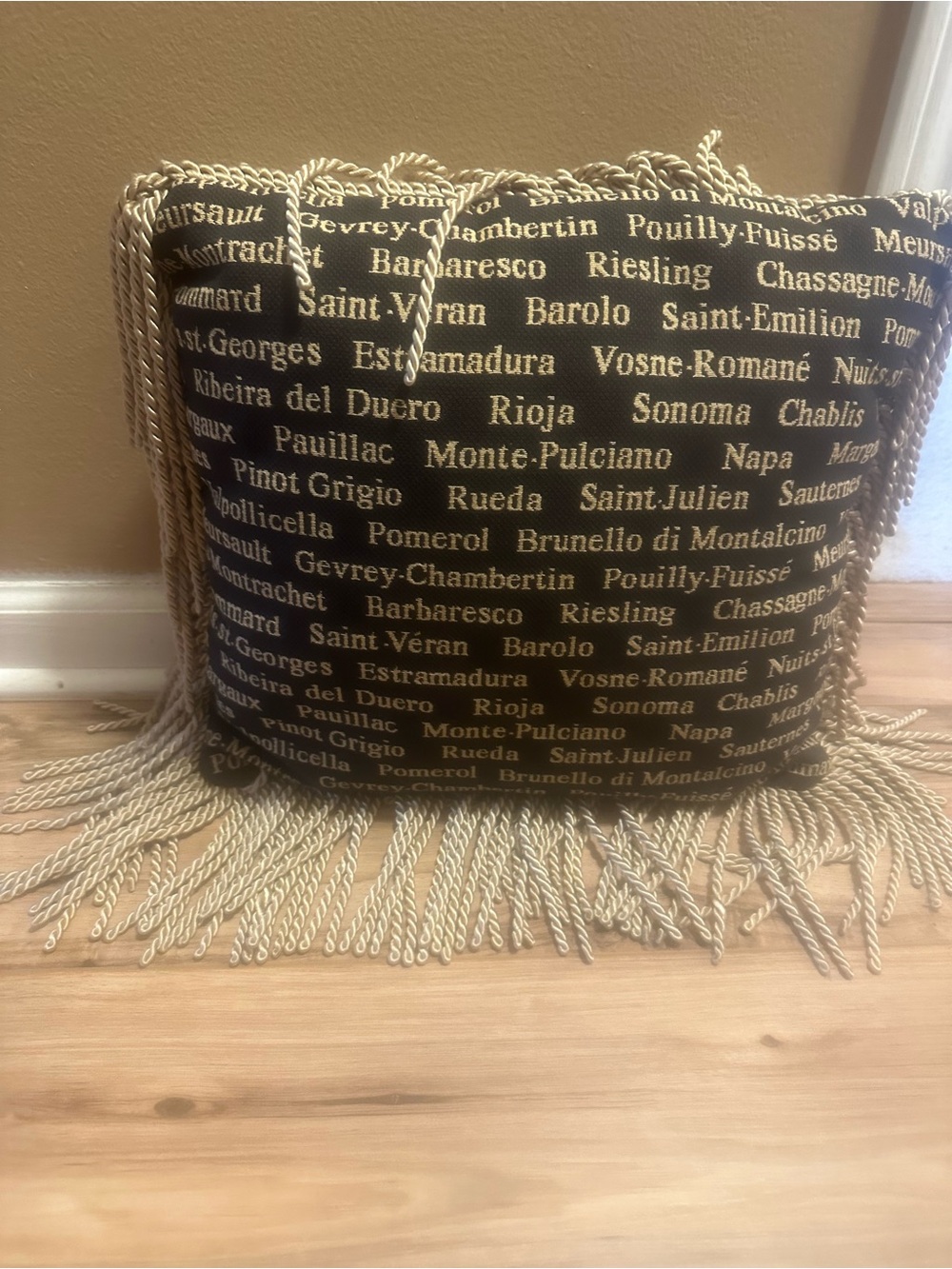 Borgata wine lovers decorative pillow black gold rope fringe 13x 15